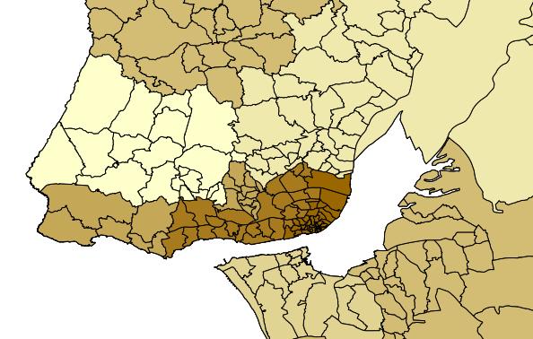 Nos mapas seguintes apresenta-se a visualização da percentagem de idosos inscritos na RLVT: Percentagem de idosos inscritos - Cenário Proposto (15 ACES) 12 14 15 NOVOS ACES 4 6 Fonte: SIGA e SIARS 13