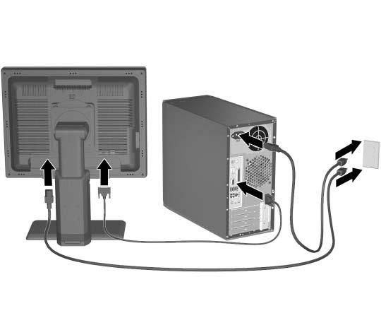 Configuração rápida Passo 5: Ligar os cabos de alimentação Ligue os cabos de alimentação e o cabo de monitor, do modo ilustrado. Ligue o monitor e, em seguida, ligue o computador.