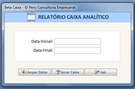 Todos os relatórios obedecem ao mesmo critério de data inicial e data final, como segue abaixo no formulário de exemplo. Digite a data inicial e a data final para gerar o relatório desejado.