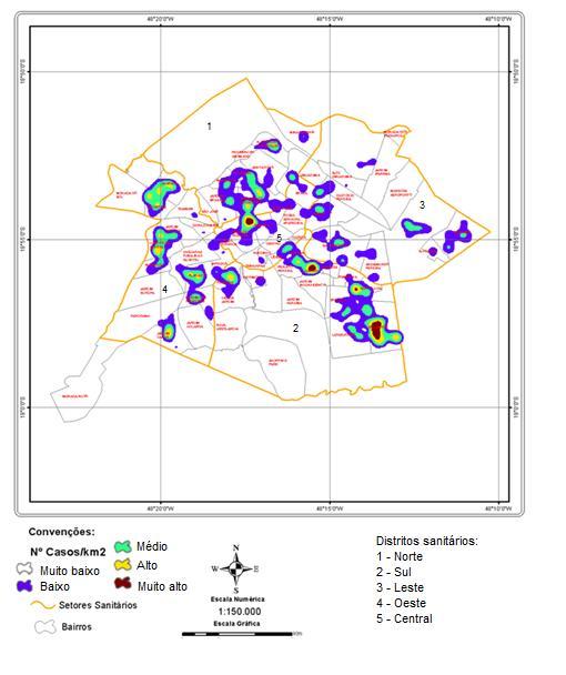 48 Figura 8: Mapa de densidade do total de casos novos notificados de hanseníase por km 2, identificando os clusters (vermelho) de maior ocorrência da doença. Uberlândia-MG, 2001-2008.