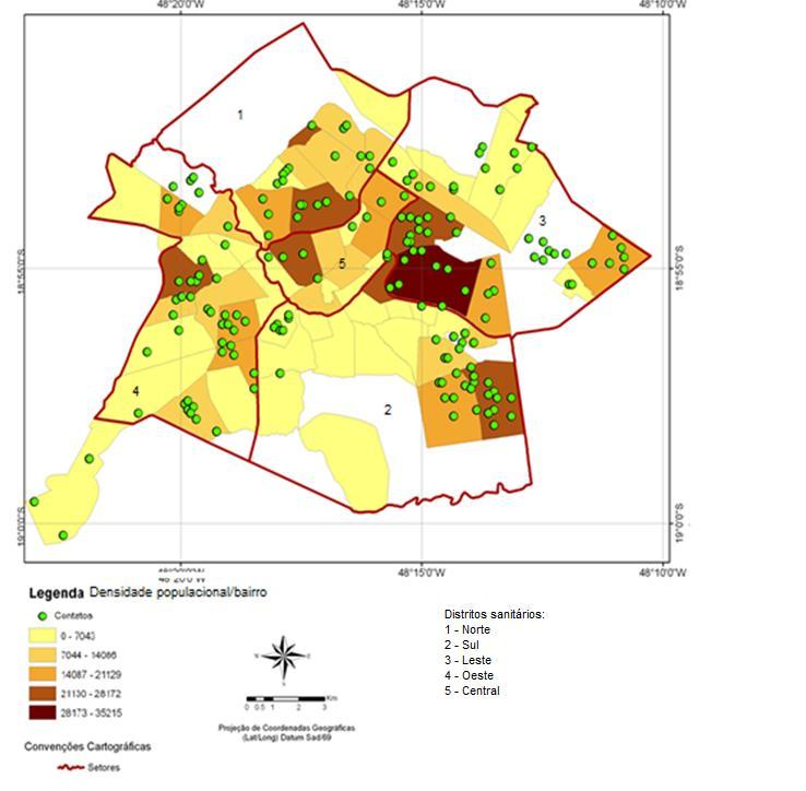 55 Figura 12: Mapa de densidade populacional por bairro do município e a distribuição dos casos notificados de hanseníase. Uberlândia-MG, 2001-2008.