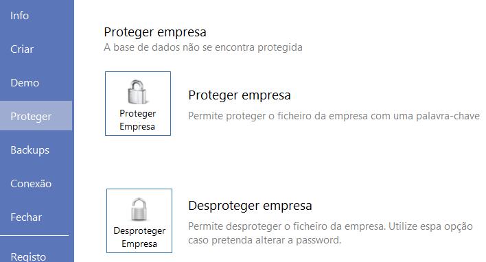 Na página de empresa deve aceder ao menu Empresa e escolher a opção Proteger : Seguidamente deverá escolher a password pretendida: Sempre que tentar entrar numa empresa protegida