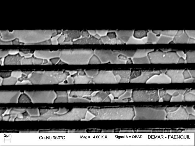 longitudinal do fio de Cu-Nb do segundo embutimento tratado a 950ºC/1h.