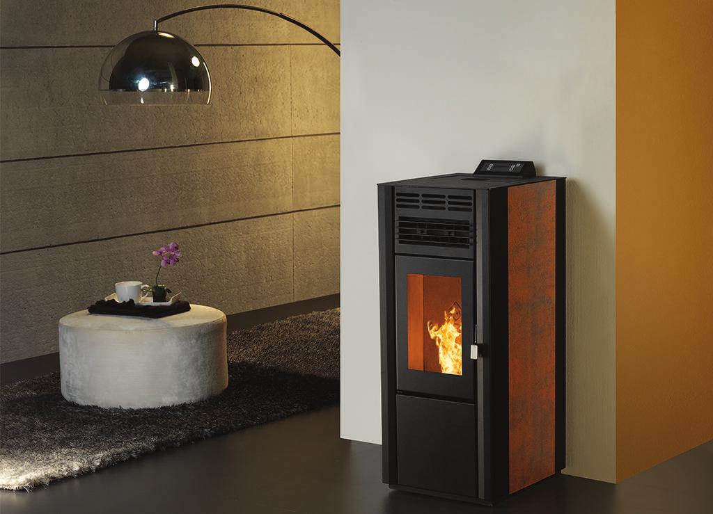 STONE Salamandra a Pellets - Wood Pellet Stove - Poêle à granulé Painéis de revestimento laterais em material compósito, com vários acabamentos estéticos (mármore, tecido, aço corte em aço)