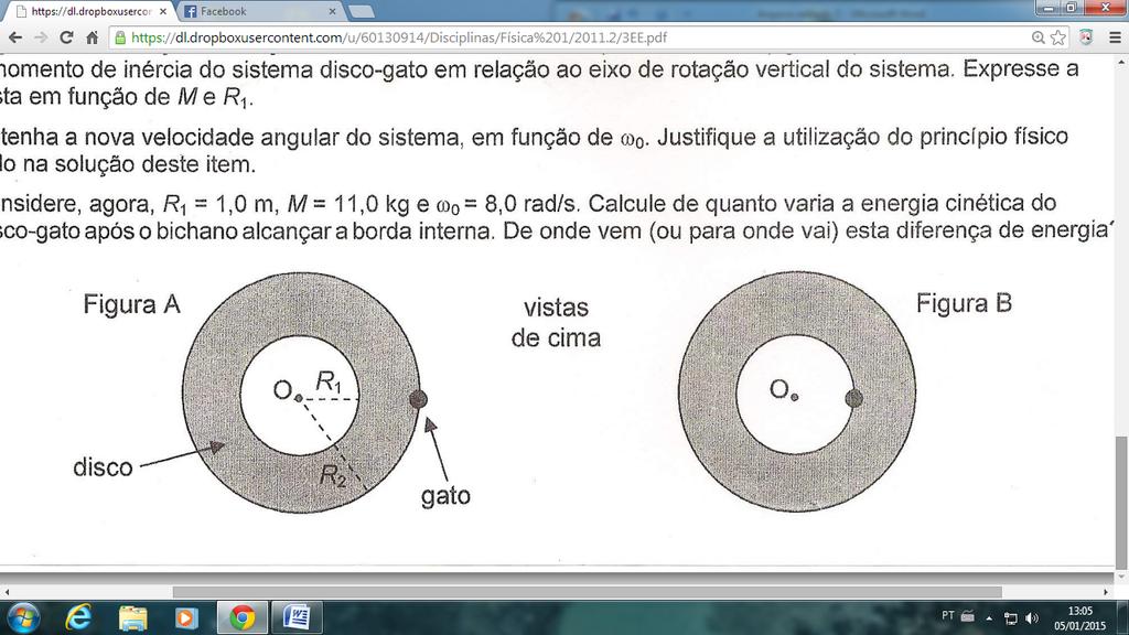 Questão 06 (Conservação do Momento Angular) Um disco de massa M e raio R está girando com uma velocidade angular ω0 preso a uma haste que fura o disco através do eixo perpendicular passando pelo seu