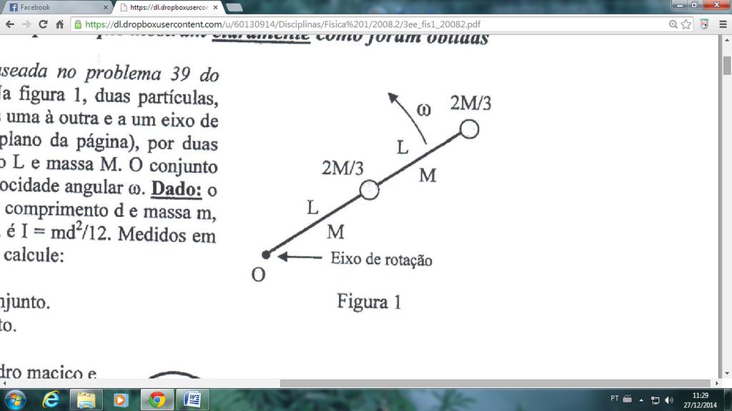 Na figura I, duas partículas cada uma com massa 2M/3, estão ligadas uma à outra e a um eixo de rotação em O ( que é perpendicular ao plano da página), por duas hastes finas, cada uma com comprimento