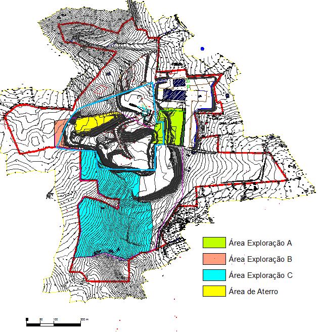 Figura 5. Zonamento das áreas de exploração futura. Na tabela seguinte sintetizam-se as áreas expectáveis para a pedreira Peral : Tabela 1. Áreas expectáveis para a pedreira.