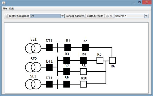 66 Na Figura 4-6 é apresentada a configuração do sistema após a transferência do trecho T2 para o alimentador A1. A tela do simulador com configuração final do sistema é apresentada na Figura 4-7.