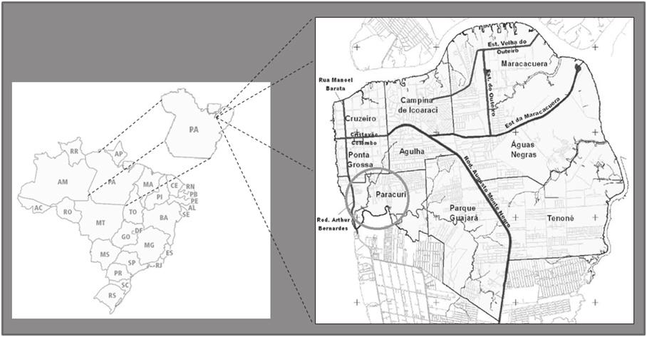 Estudo hidráulico de bacia em Belém (PA) com uso do SWMM Fonte: PMB-SEGEP (26), modificado. Figura 1 Bacia Hidrográfica do Igarapé Paracuri. Fonte: Lima Junior (211).