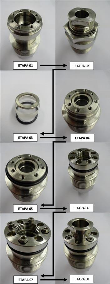 superior do corpo-base interno o conjunto oring-safira-arruela. A vedação estática é feita pelo oring alojado na extremidade superior do corpo-base interno (Etapa 05).