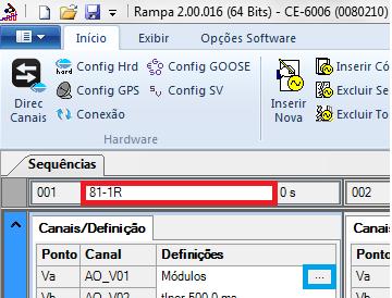 9.1 Tela Principal 81-1R Primeiramente configura-se uma situação para verificar a variação de frequência do elemento 81R-1 cujo ajuste está em 1,00 Hz/s e 1,00 segundos.