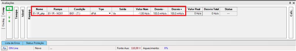 1 escreva 81-1_pkp, em Rampa selecione 81-1R > NO01, para Condição ajuste BI01 ( ), na opção Tipo escolha df/dt, para Saída ajuste Va, no próximo campo