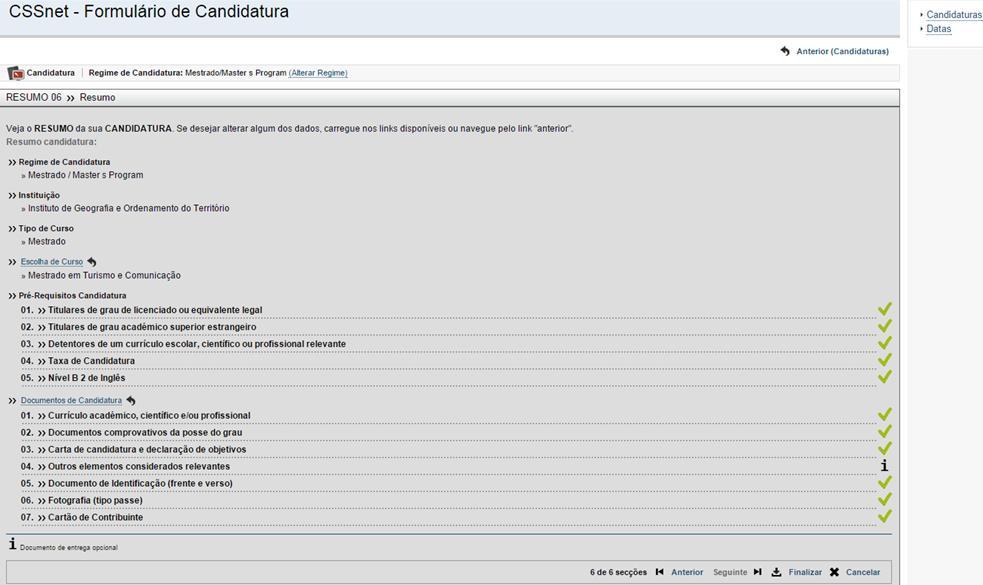 Etapa: Resumo da candidatura Manual do