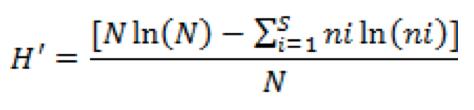 a. Índice de Margalef: para determinação da riqueza DMg= (S-1) /ln N Onde: S= Número de espécies; N=Número de indivíduos. b. Índice de Shannon-Weaver: para determinação da diversidade c.