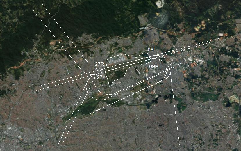 Tabela 14 - Rotas das aeronaves no Aeroporto de Guarulhos para a pista 09R/27L Cabeceira Rotas Segmento Tipo Distância (km) Descrição 09R 27R DEP01 DEP 03 DEP 02 DEP 04 DEP 06 1 Reta 5,0 Duas rotas