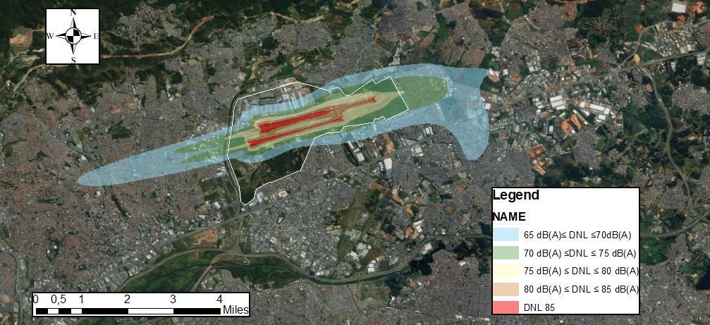 7.3 Simulação de ruído nas imediações do Aeroporto de Guarulhos Para avaliar o nível de ruído no entorno do Aeroporto de Guarulhos foram modeladas curvas isofônicas no software INM 7.0d.