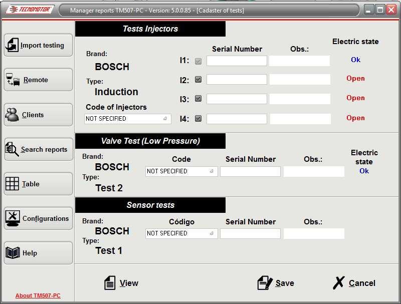 In the next screen, the software will show manufacturer name, type and electric state of the accomplished test.