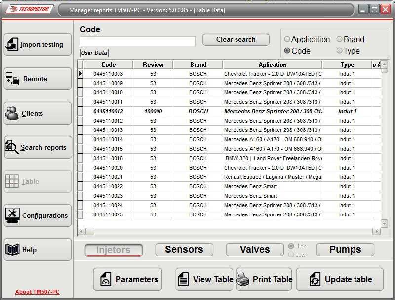 Standard table Standard data obtained through tests accomplished in Tecnomotor are stored in the TM 507-PC/TM 510-PC.