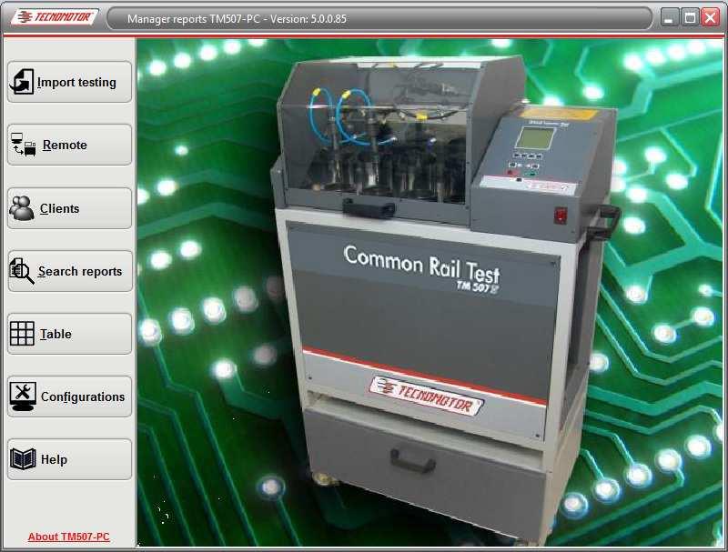 Main screen Import tests: Import tests done by the machine to the computer. Remote: Performs injector/sensor/valve and pump tests. Clients: Clients registration.