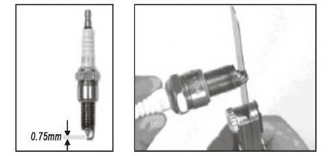 6.3 VERIFICAND A VELA Uma vez que o motor esfriar, retire a vela e limpe com uma escova de arame. Usando um calibrador, defina a abertura para 0,75 milímetros (0,030 ").