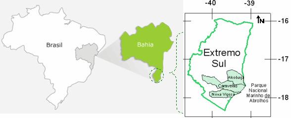 Figura 1: Mapa de localização dos municípios de Alcobaça, Caravelas e Nova Viçosa, no extremo sul da Bahia. Fonte: Adaptado de FTC (2006).