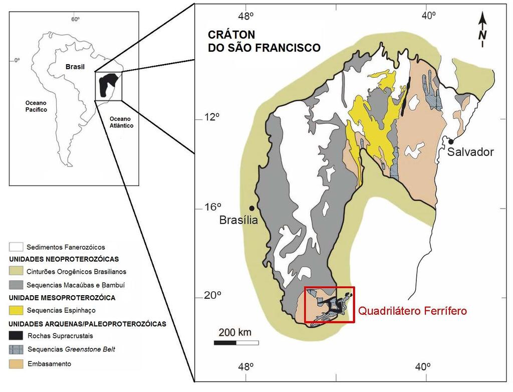 Figura 1.2. Localização do Quadrilátero Ferrífero no extremo sul do Cráton do São Francisco. Modificado de Alkmin e Martins-Neto, 2012. Dorr et al. (1969) realizaram mapeamento em escala 1:25.