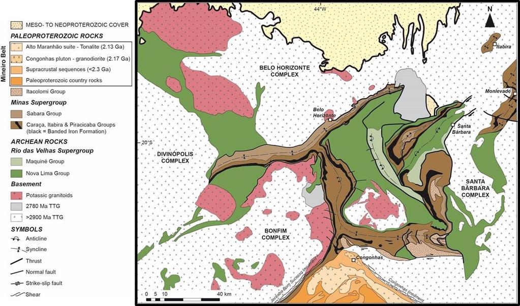 Figura 1.1. Mapa geológico do Quadrilátero Ferrífero. Modificado de Alkmim and Marshak (1998) e Farina (2015).