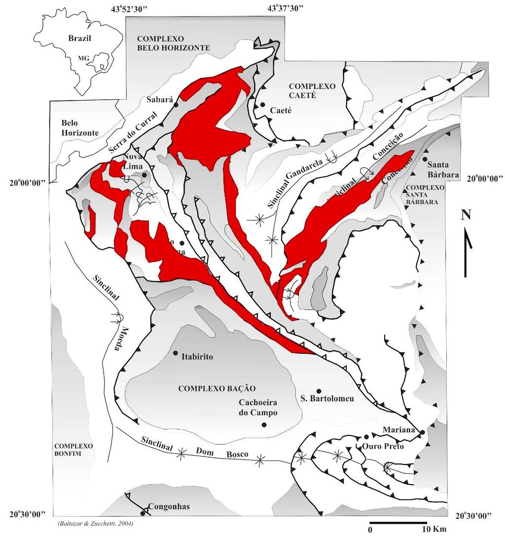 Figura 1.4. Ocorrência da associação ressedimentada, em vermelho, na região do Quadrilátero Ferrífero, segundo Zucchetti e Baltazar (2000) e Baltazar e Zucchetti (2007). (iii) 2,76 2,75 Ba.