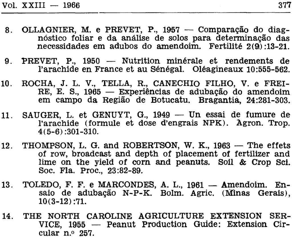 8. OLLAGNIER, M. e PREVET, P., 1957 Comparação do diagnóstico foliar e da análise de solos para determinação das necessidades em adubos do amendoim. Fertilité 2(9):13-21. 9. PREVET, P., 1950 Nutrition minérale et rendements de l'arachide en France et au Sénégal.