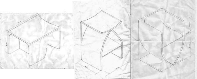 18 Figura 1 - Alternativa escolhida entre os primeiros sketches. Figura 2 - Vista isométricas da ideia do mobiliário escolhida, em sua função como mesa de centro e banco alto, respectivamente. 3.