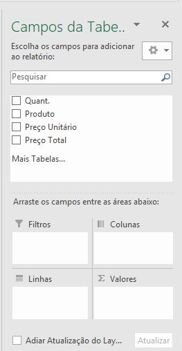 Nesta área irá aparecer a tabela dinâmica Você precisa arrastar os campos para a áreas de Linhas e Valores Tabela Dinâmica de Produtos, Preços Unitários e Preços Totais Por exemplo se