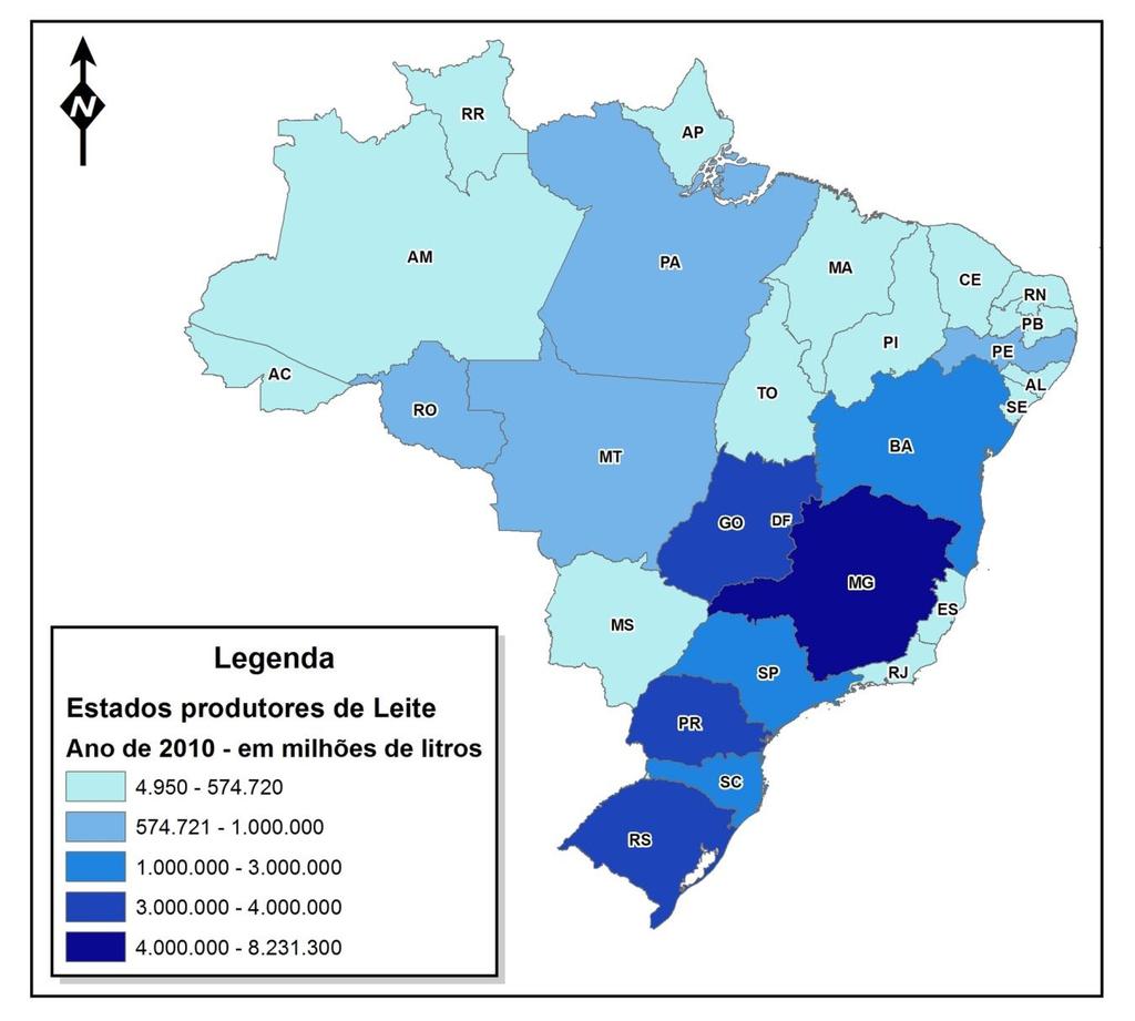 Panorama geral da pecuária leiteira Ranking: Ranking da produção de leite por Estado em 2010 1º Minas Gerais; 2º Rio Grande do Sul; 3º