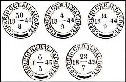 Obliterações Sperati gravou 8 carimbos diferentes e em diversas angulações sobre os selos de 60 réis. Foram 3 carimbos lineares: PELOTAS, VICTORIA e MACEIO, este último com cercadura (ver Fig.