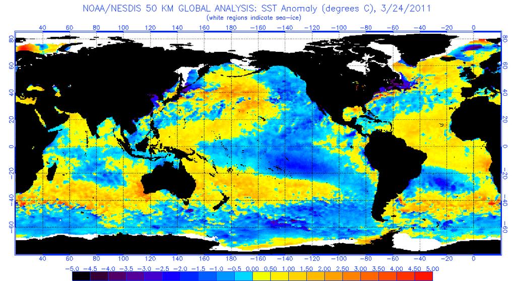 Figura 4: Anomalia de Temperatura da Superfície do Mar no dia 24 de março de 2011 com o fenômeno La Ninã em destaque. (Fonte: NOAA).