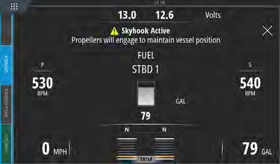 Quando a Skyhook estiver acionada, as hélices giram e o barco se move para manter sua posição. Sempre que alguém estiver na água, perto do barco, desligue os motores imediatamente.