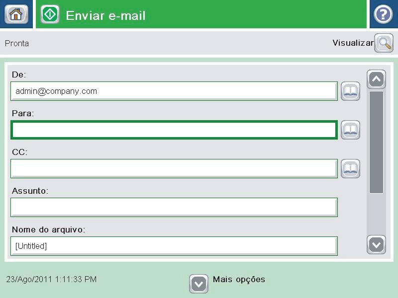 Envie um documento digitalizado para um ou mais endereços de e-mail Enviar e-mail inserindo endereços de e-mail manualmente Enviar e-mail usando o catálogo de endereços Enviar e-mail inserindo