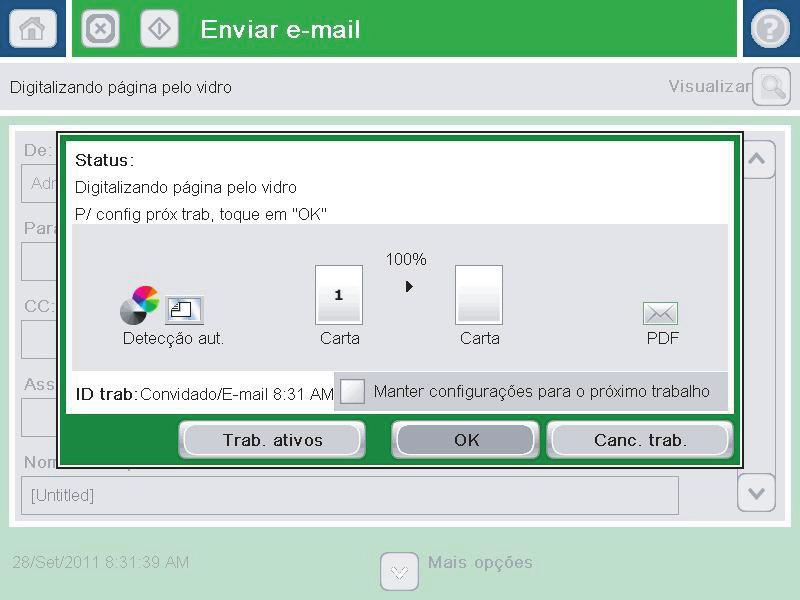 8. Toque no botão Iniciar para enviar. NOTA: O produto pode solicitar que você adicione o endereço de e-mail à agenda de endereços.