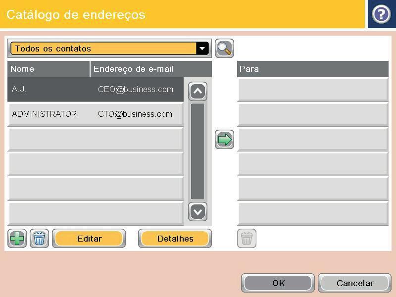 5. Selecione um nome na lista de contatos e toque no botão de seta para a direita para adicioná- -lo à lista de destinatários.