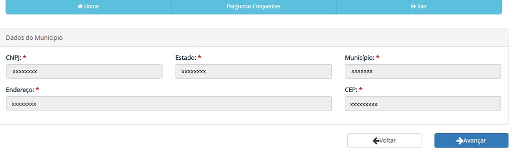Na próxima tela constarão os dados básicos do seu município, que foram extraídos da Receita Federal. Essas informações não podem ser alteradas.