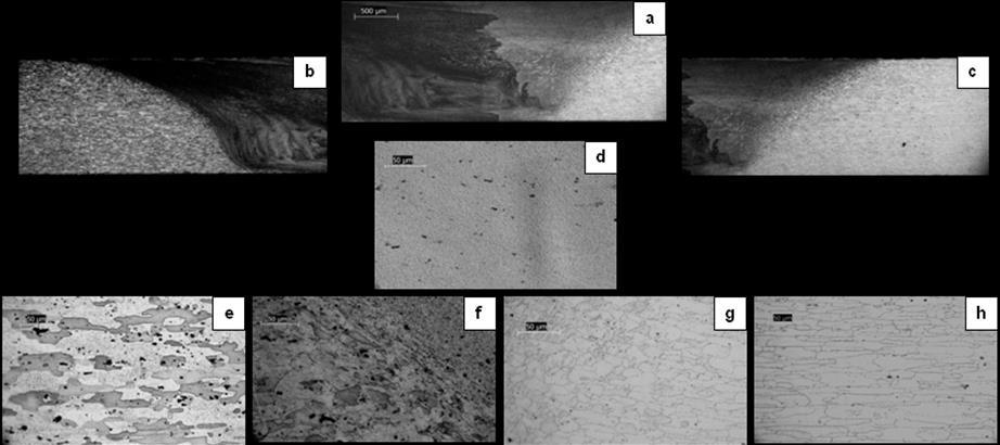 superfície soldada é observada, Fig.2i e Fig.2j, tal transição é mais evidente. Os grãos das duas ligas na zona da ZTMA mostraram-se alongados, Fig.