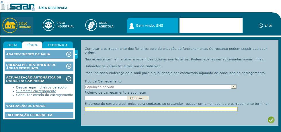 I N S A A R 2 1 1 Etapas do carregamento automático 3º Submeter o ficheiro na aplicação online Escolher o tipo de dados a