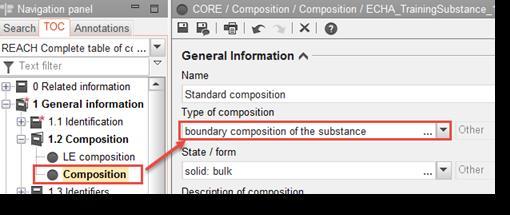 2 da IUCLID: um assinalado como Legal entity composition of the substance [Composição da substância da entidade jurídica] e o