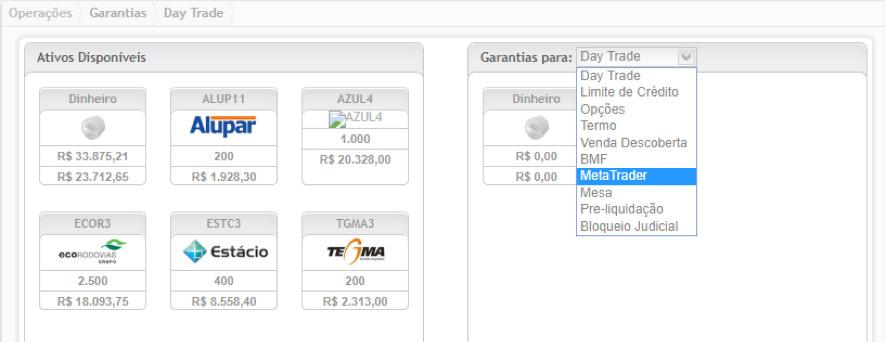 No Pit Antigo: Selecione a opção Garantias ; Clique em Garantias para abrir o quadro garantias; Em seguida, clique em Day Trade e altere para a opção MetaTrader ; Quando o quadro de garantias estiver