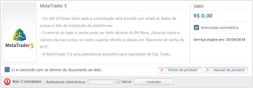 Contratação através do Pit Antigo: Vá até Meus Investimentos; Selecione Plataformas; Clique nas bolinhas para avançar até achar a página da plataforma MetaTrader 5; Leia e, caso concorde, aceite os