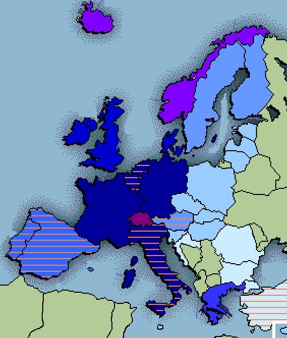Coordenação multilateral no espaço europeu, 2009 (Azul: Regulamentos