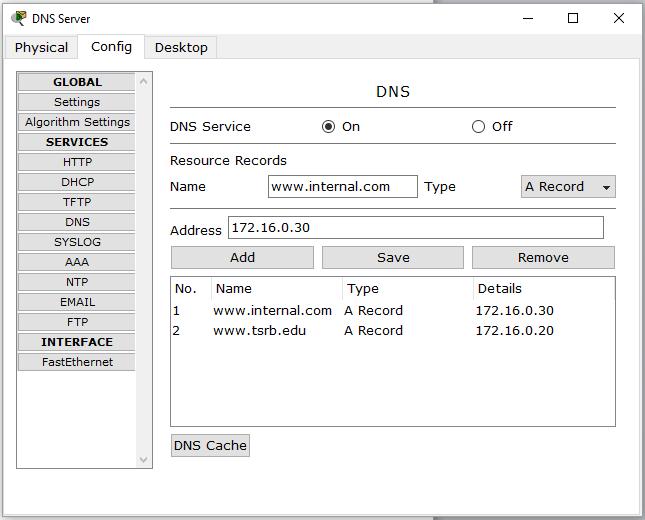 Configuring the DNS Server DNS: Entering the www.internal.