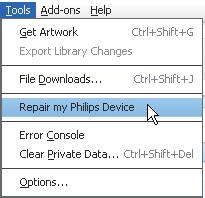 15 Reparar o player usando o Philips Songbird Dica de CD-ROM e o instalador Philips Songbird serão disponível.