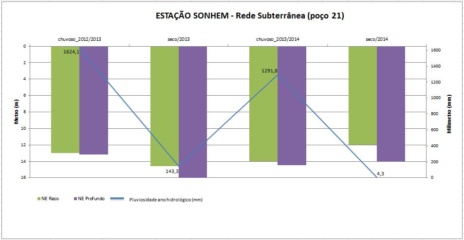 estações do ano, houve um rebaixamento de 1m no NE do poço raso e de 1,3m no poço profundo.