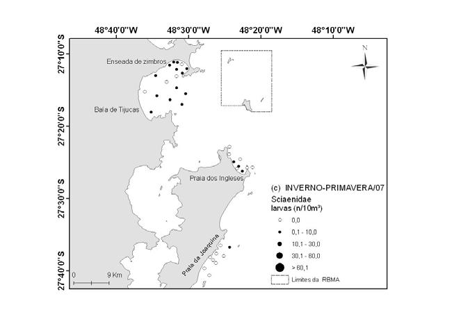 SI Figura 36: Densidades de larvas de Sciaenidae nos 35 pontos amostrais nas Áreas Costeiras Adjacentes à Reserva Biológica Marinha do Arvoredo (SC) no ano de 2007 para: (a) verão, (b)