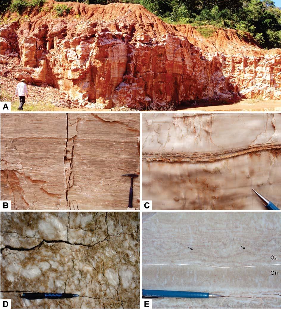 Figure 5.4 - Saline pan / Saline mudflat facies. (A) Lenticular gypsum bed overlaid by laminated mudstone. (B) Even parallel to wavy laminated gypsum.